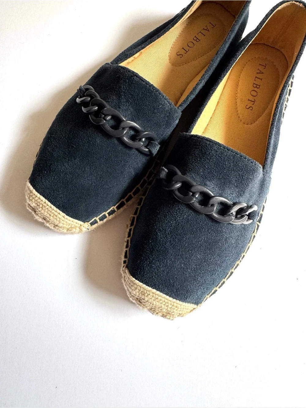 Talbots Navy Suede Espadrille Flats with Chain Accent